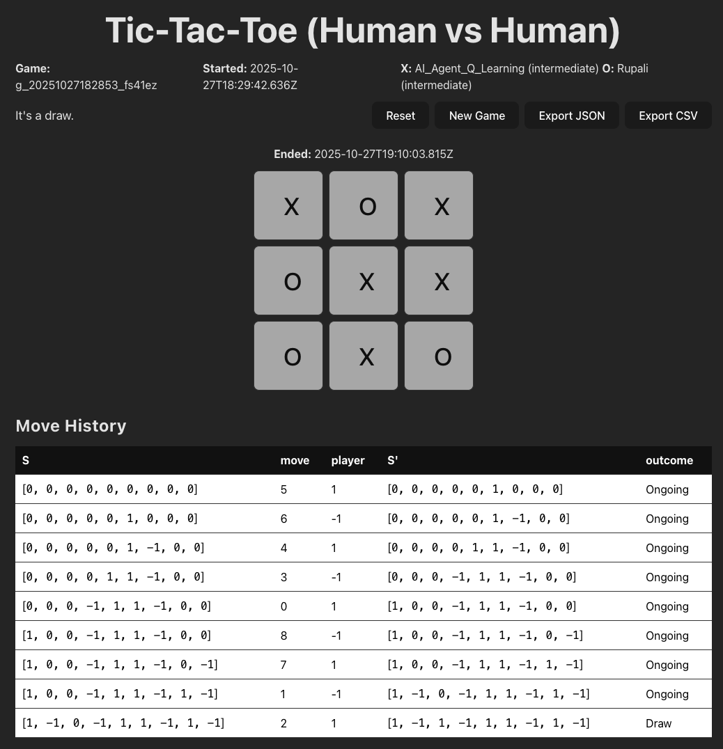 Data Collection UI that shows the interactive game board and a preview of logged move history.